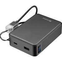 Black Sandberg Nano Powerbank 20000 PD20W with digital display, USB-C and USB-A ports, and attached charging cable.