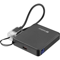 Black Sandberg Nano Powerbank 5000 PD20W with attached USB-C cable and digital display.