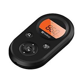 Compact black Sandberg Pocket Radio with an orange digital display and control buttons for tuning FM and AM stations, featuring a sleek, rounded design.