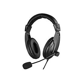 Black over-ear headset with padded ear cups, adjustable headband, and a flexible microphone boom on the left side, designed for comfort and clarity.