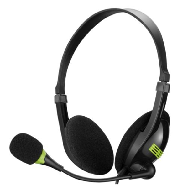 Black USB headset with soft foam ear cushions, adjustable headband, and a flexible microphone, featuring a green accent on the mic.