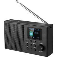 Black Sandberg Speaker Radio DAB+BT with perforated speaker grille, digital display, buttons, and extended antenna.