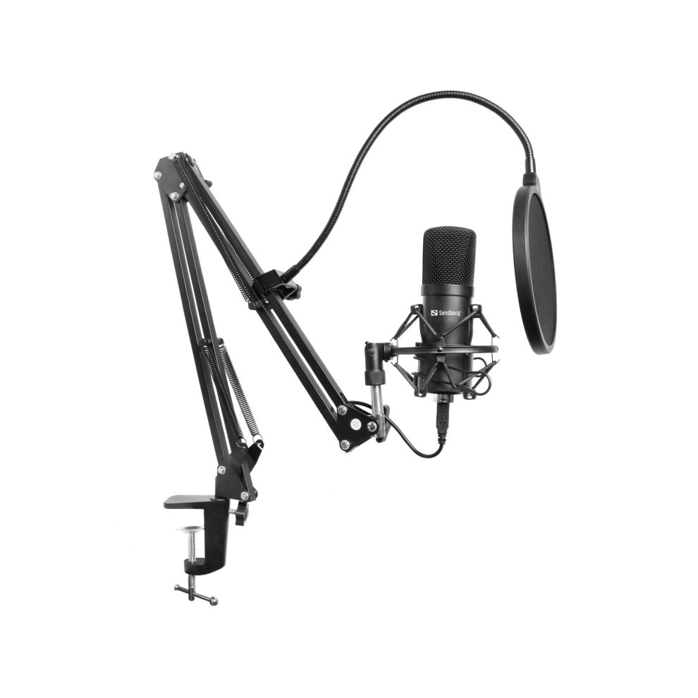 Black adjustable microphone arm with a USB condenser mic and pop filter, designed for streaming and recording, featuring a sturdy clamp for attachment.