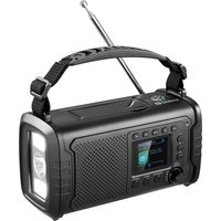 Black Sandberg Survivor DAB Radio with digital display, side flashlight, and carrying handle.
