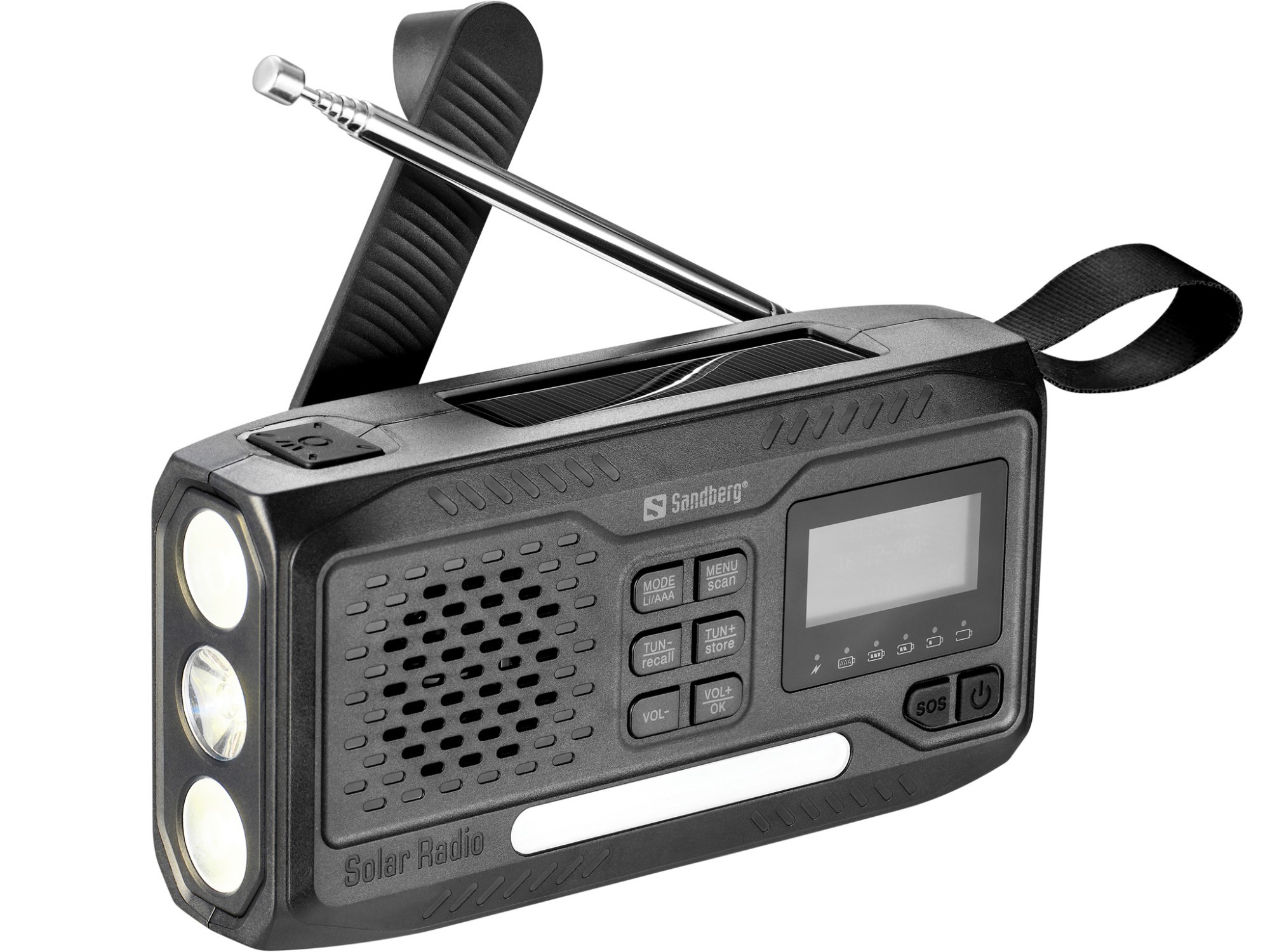 Black Sandberg Survivor DAB Radio features a digital display, multiple buttons, a telescopic antenna, and built-in flashlight, designed for durability and portability.