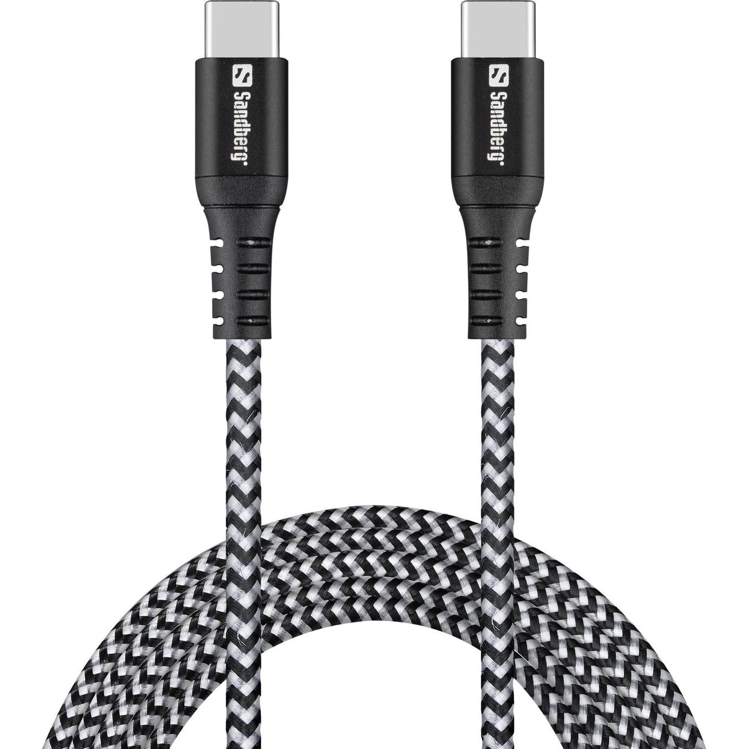 Black and silver braided USB-C cable, 2 meters long, featuring durable connectors with the Sandberg logo, designed for 100W power delivery.
