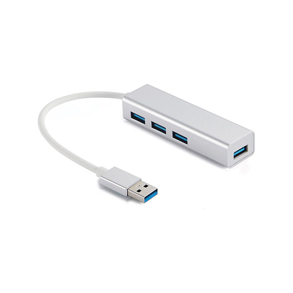 Silver Sandberg USB 3.0 Hub with four ports, featuring a sleek design and a short white cable, ideal for expanding USB connectivity.