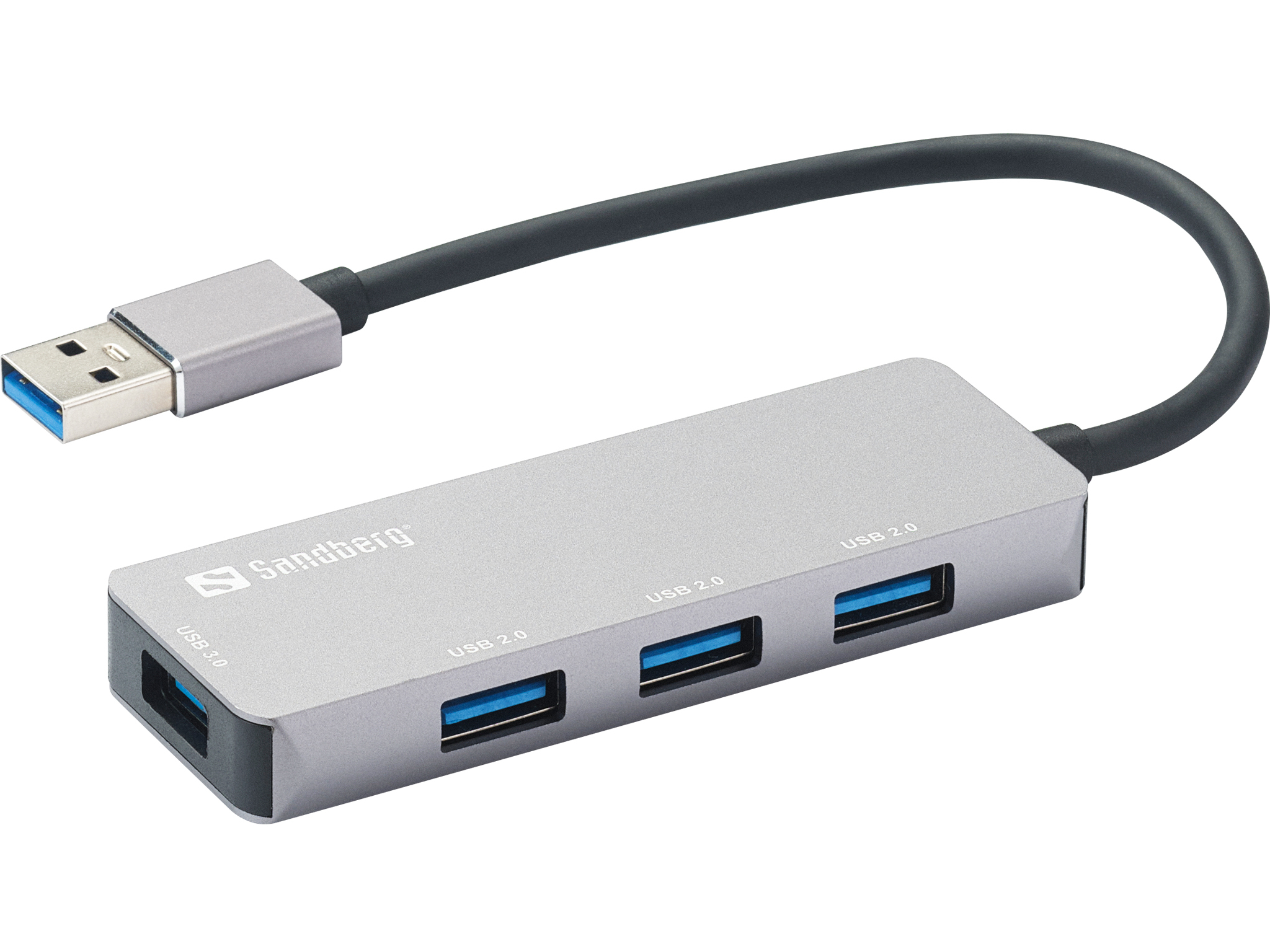 Silver Sandberg USB hub featuring one USB 3.0 port and three USB 2.0 ports, connected by a flexible black cable, designed for efficient device connectivity.