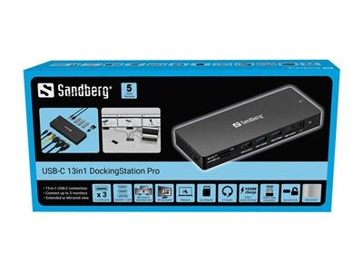 Black USB-C 13-in-1 Docking Station Pro by Sandberg, featuring multiple ports, sleek design, and a blue accent on the packaging, showcasing various connectivity options.