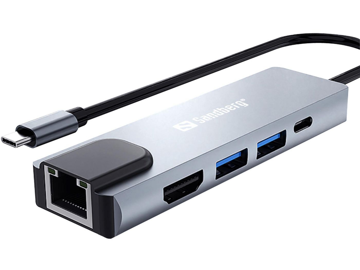 Silver Sandberg USB-C 5-in-1 Travel Dock Saver with multiple ports including HDMI, USB-A, USB-C, and Ethernet, featuring a sleek design and a black cable.