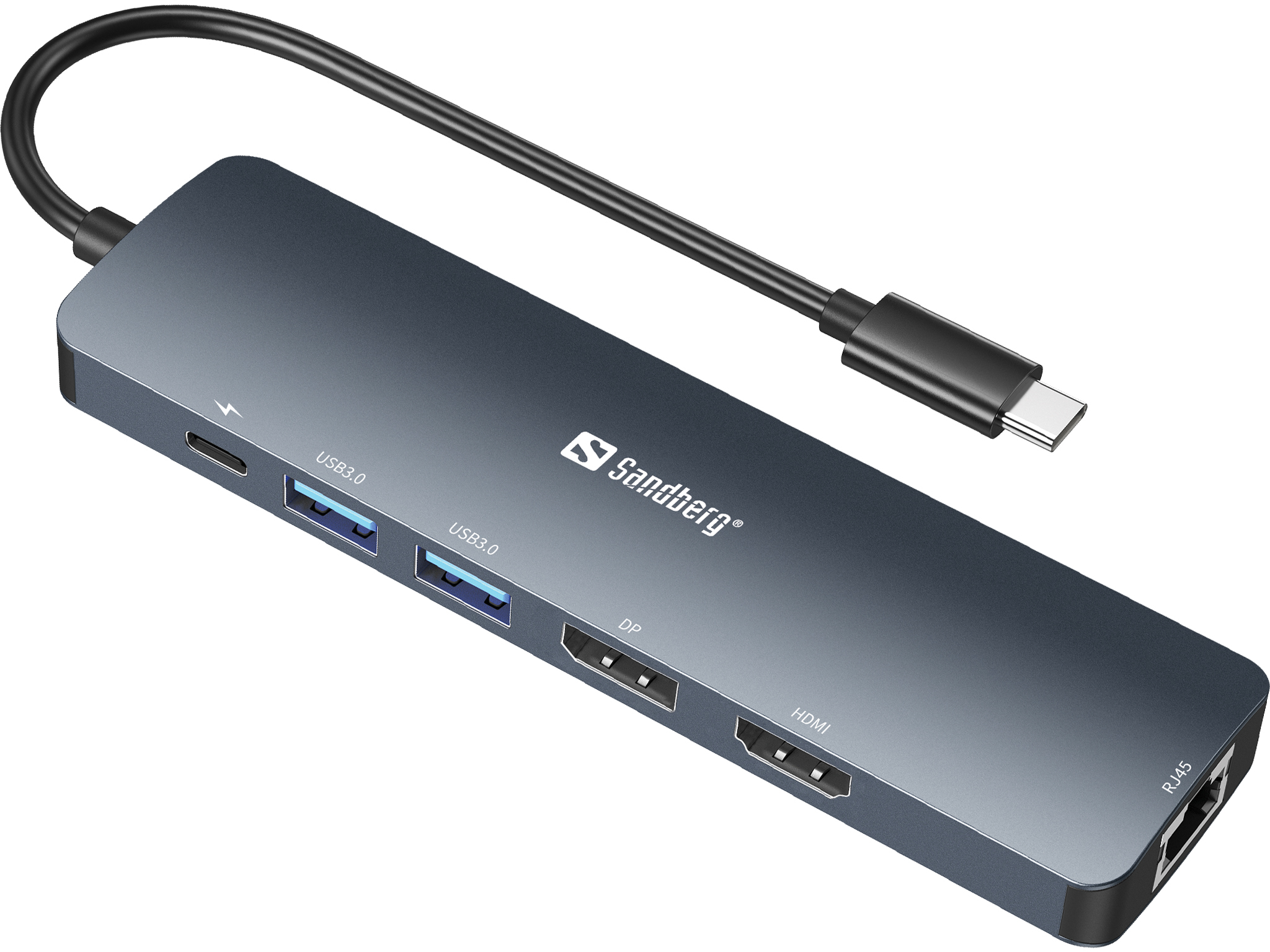 Sandberg USB-C 8K Display Dock in a sleek metallic gray finish, featuring multiple ports including USB 3.0, HDMI, and DisplayPort, with a connected USB-C cable.