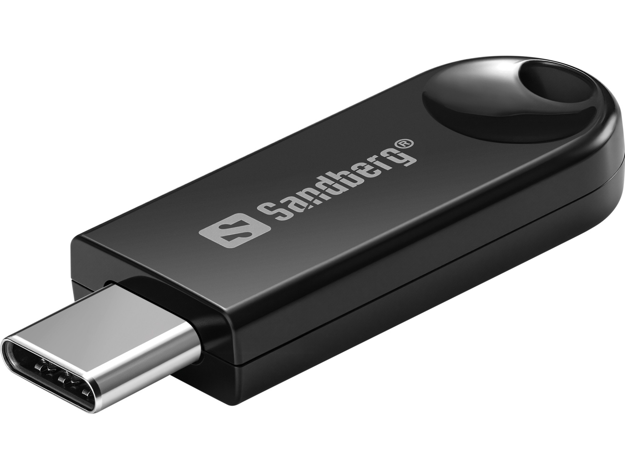 Black Sandberg USB-C BT 5.3 Wireless Dongle featuring a sleek design, a USB-C connector, and the Sandberg logo prominently displayed on the side.