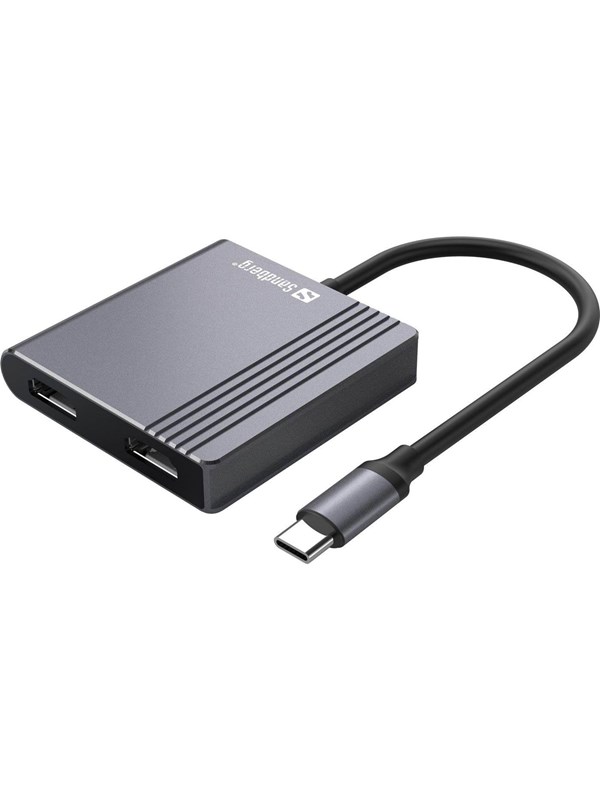 Gray USB-C dock with two HDMI ports, one USB port, and a USB-C power delivery connector, featuring a sleek, compact design.