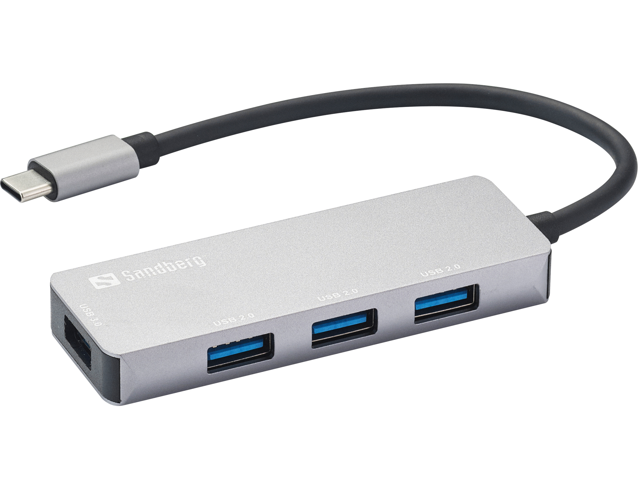 Silver USB-C hub with one USB 3.0 port and three USB 2.0 ports, featuring a short black cable and the Sandberg logo on the side.