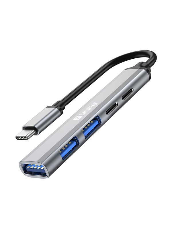Silver USB-C hub featuring three USB-A ports and two USB-C ports, with a flexible black cable for connectivity.