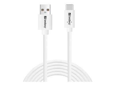White 2-meter USB-C to USB-A 2.0 cable with a smooth finish, featuring the Sandberg logo on both connectors.