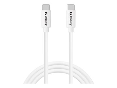 White USB-C to USB-C cable, 1 meter long, featuring a sleek design with Sandberg branding on both connectors, suitable for charging and data transfer at 65W.