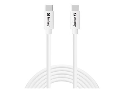 White USB-C to USB-C cable, 2 meters long, featuring a 65W power delivery capability, with Sandberg branding on both connectors.