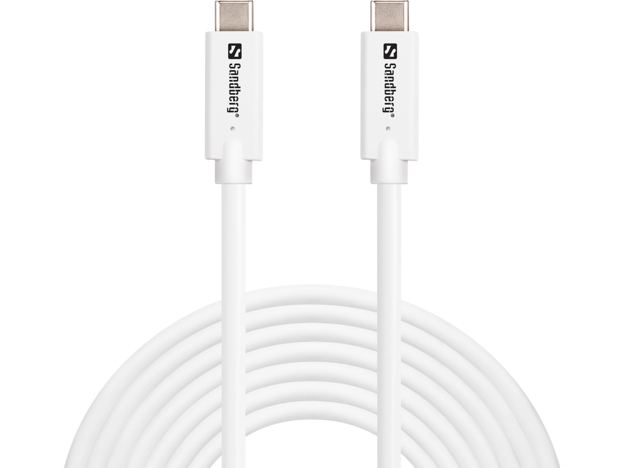 White Sandberg USB-C to USB-C cable, 5 meters long, featuring USB 3.2 Gen 2 support and 100W power delivery, with both connectors displaying the Sandberg logo.