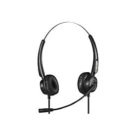 Black stereo headset with padded ear cups, adjustable headband, and a flexible microphone boom, designed for USB and RJ9/11 connectivity.