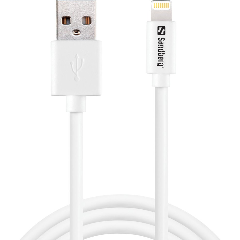 White 1-meter USB to Lightning cable with MFI certification, featuring a USB-A connector on one end and a Lightning connector on the other, designed for charging and data transfer.