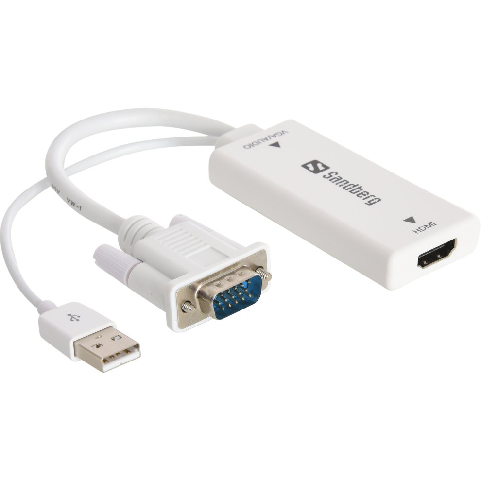 VGA and audio to HDMI converter in white, featuring a VGA connector, USB power cable, and an HDMI output, designed for easy connectivity between devices.