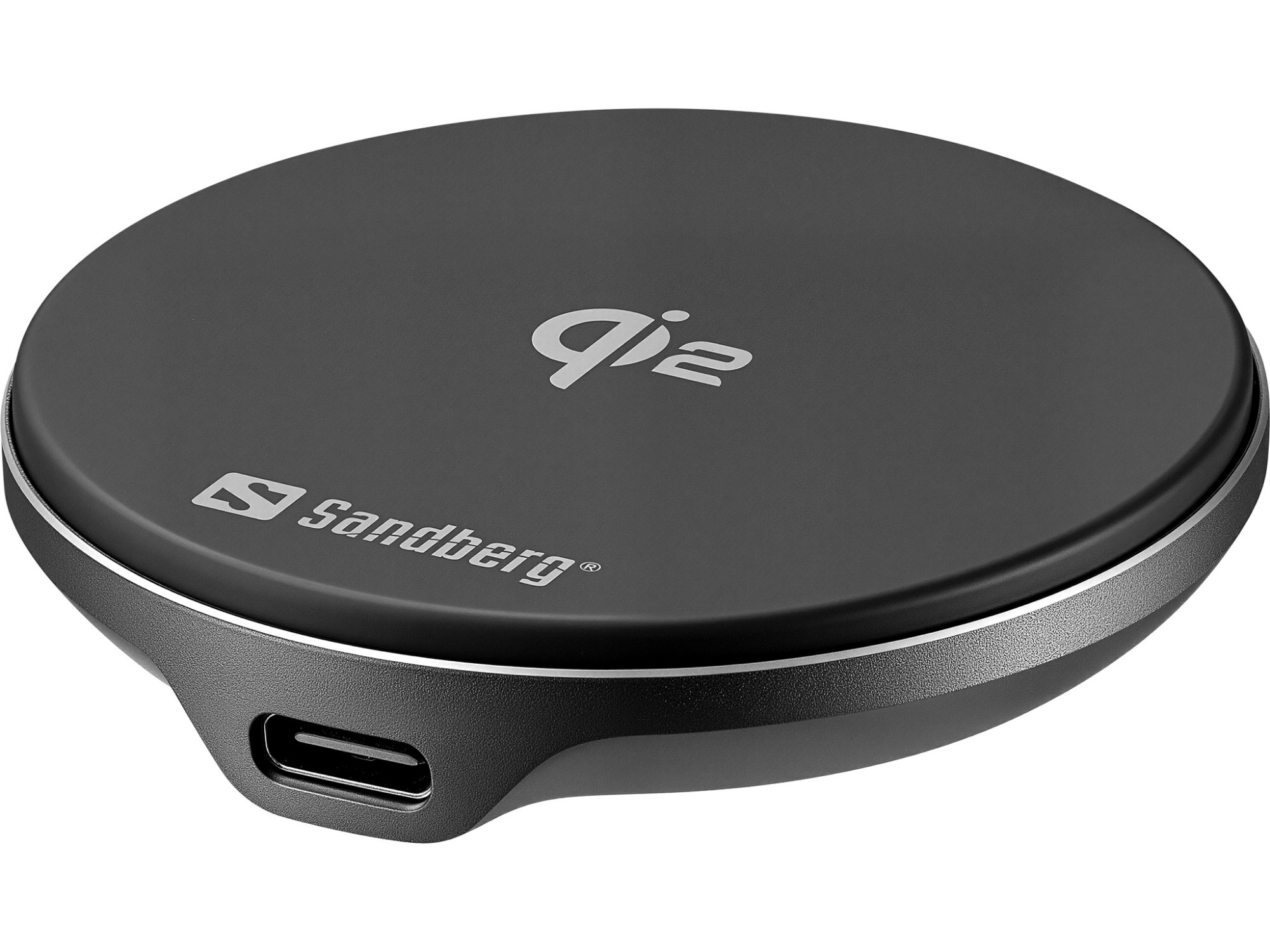 Round black wireless charger with a sleek design, featuring a silver edge, Qi2 logo, and a USB-C port on the side for charging.
