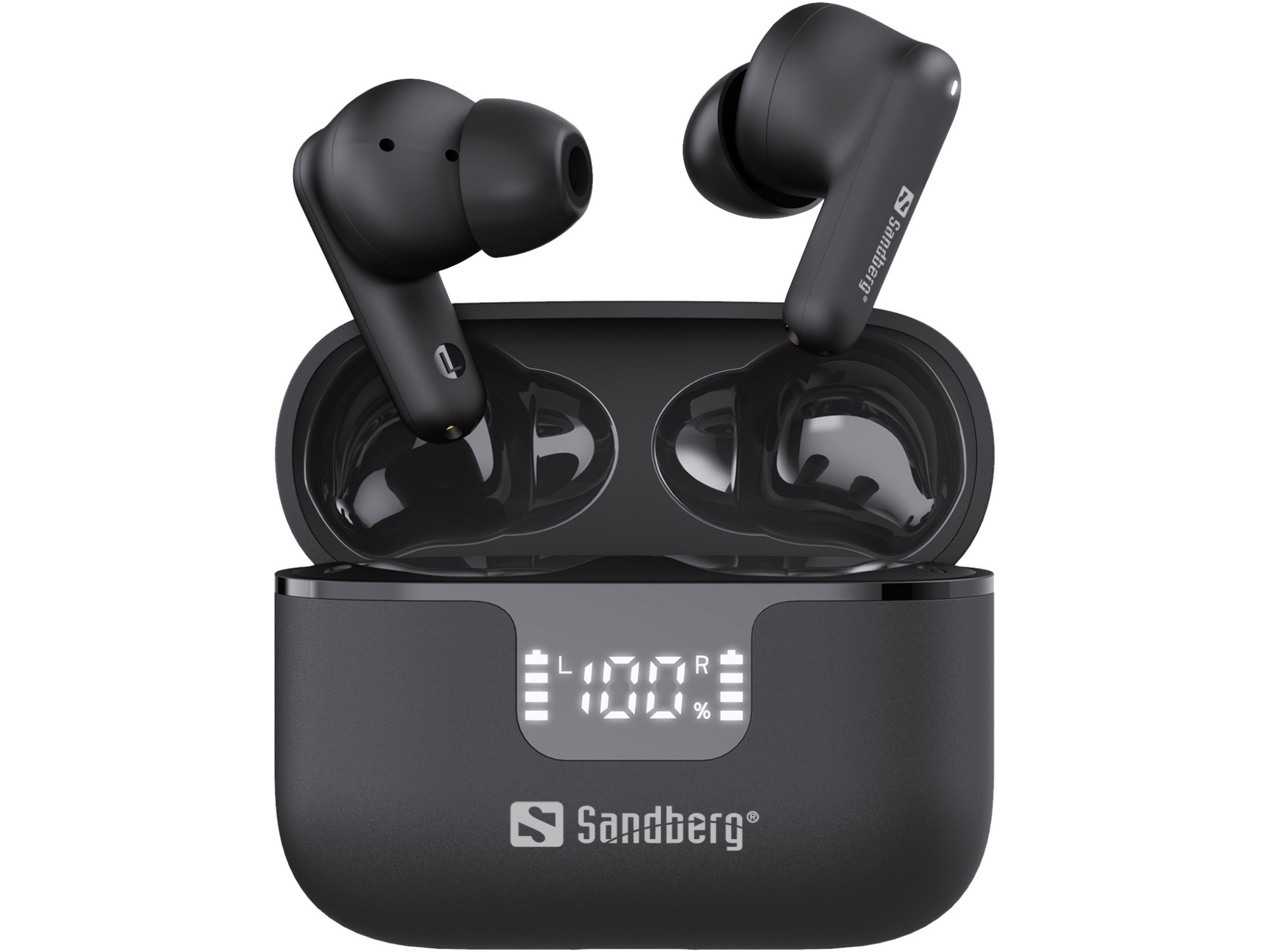 Black Sandberg Wireless Earbuds with Active Noise Cancellation and Environmental Noise Control, housed in a sleek charging case displaying battery percentage.