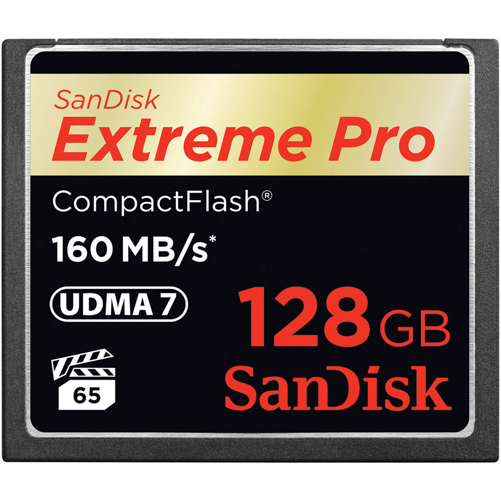 SanDisk Extreme Pro Compact Flash Card in black and gold, featuring 128GB storage, 160MB/s speed, and UDMA 7 technology, with a film icon and bold branding.