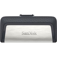 SanDisk USB flash drive 64GB, black and silver, dual USB Type-A/Type-C connectors, compact design.
