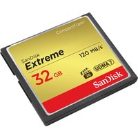 SanDisk 32GB Extreme CompactFlash card, yellow and red label, 120 MB/s speed, UDMA 7, black casing.