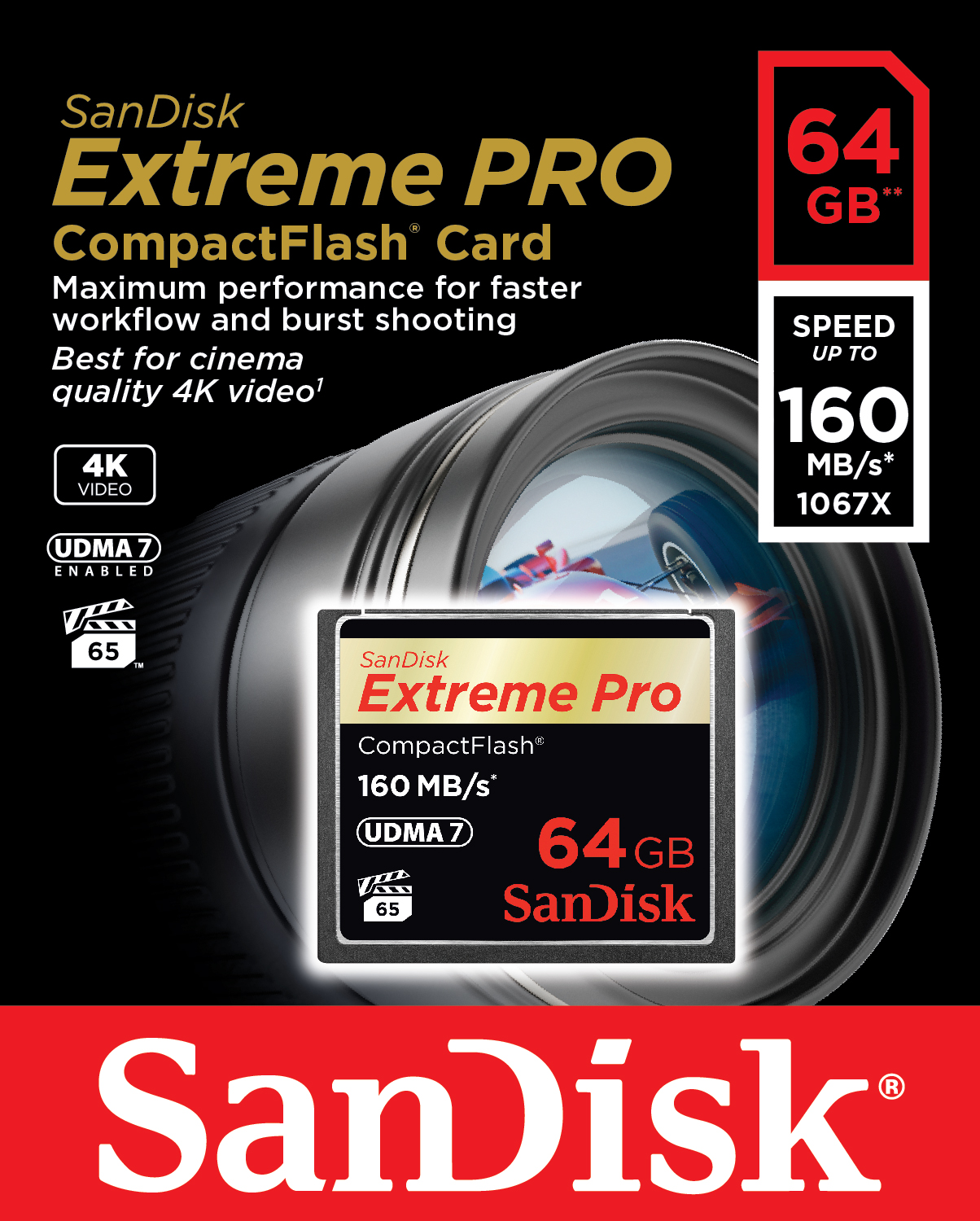 SanDisk Extreme Pro CompactFlash card, 64GB, featuring a black and red design, with speed rating of 160MB/s and UDMA7, ideal for high-performance photography and 4K video.