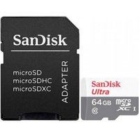 Black SanDisk adapter with white text beside a white and red 64GB Ultra microSDXC card.