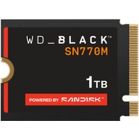 Black SanDisk WD_BLACK SN770M NVMe SSD with 1TB capacity, red and white branding, gold connector edge.