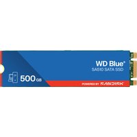 Blue SanDisk WD SA510 SATA SSD M.2 2280 with 500 GB capacity, red stripe, and gold connectors on the right.