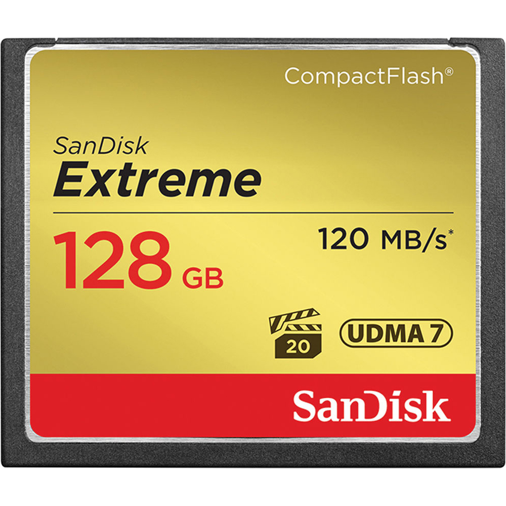 SanDisk Extreme Compact Flash Card, 128GB capacity, featuring a yellow and black design, with "120 MB/s" and "UDMA 7" labels prominently displayed.