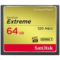 SanDisk CF Extreme 64GB CompactFlash card, gold label with red accents, 120 MB/s speed, UDMA 7 technology.
