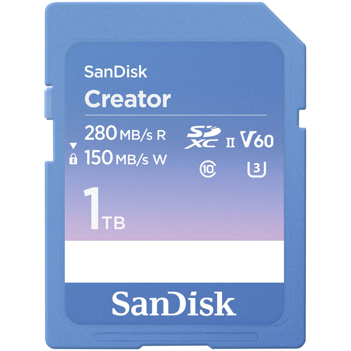 SanDisk 1TB Creator SD UHS-II memory card in blue with white text, featuring speed ratings of 280 MB/s read and 150 MB/s write, marked with V60 and U3 symbols.