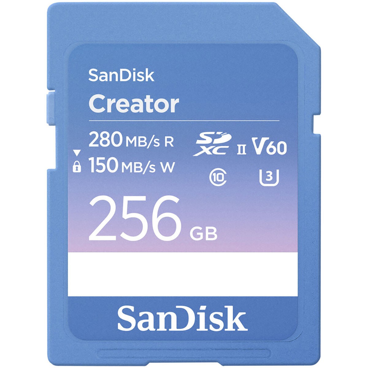 SanDisk 256GB Creator SD UHS-II memory card in blue, featuring a sleek design with a label indicating 280 MB/s read speed, 150 MB/s write speed, and V60 rating.