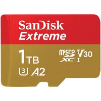 SanDisk Extreme 1.02 TB MicroSDXC card, red and gold with white text, UHS-I Class 3, V30, A2 speed ratings.
