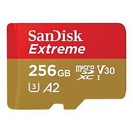 SanDisk 256GB Extreme MicroSDXC UHS-I memory card in red and gold, featuring "256GB," "Extreme," and "V30 A2" labels, with a compact rectangular design.