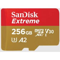 Red and gold SanDisk Extreme 256GB MicroSDXC card with UHS-I, Class 3, V30, A2 markings.