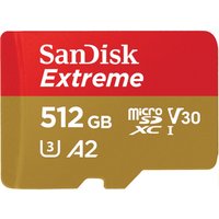 Red and gold SanDisk Extreme 512 GB MicroSDHC card with UHS-I, Class 10, V30, A2 markings.