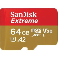SanDisk Extreme 64 GB MicroSDXC card, red and gold, UHS-I, Class 10, V30, A2, with white text and symbols.