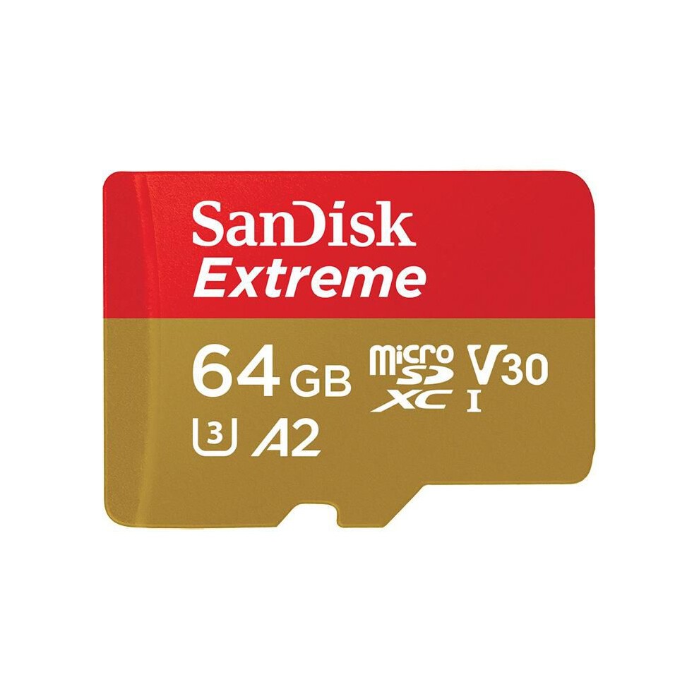 SanDisk Extreme 64 GB MicroSDXC card featuring a red and gold design, labeled with UHS-I Class 3, A2, and V30 for high-speed performance.