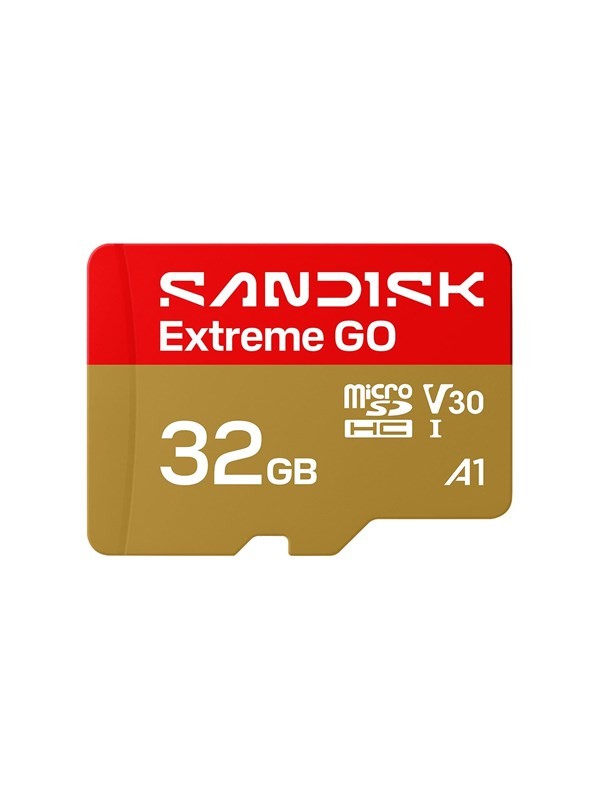Red and gold microSD card labeled "SANDISK Extreme GO," featuring "32GB," "V30," and "A1" indicators, designed for high-speed data transfer and storage.