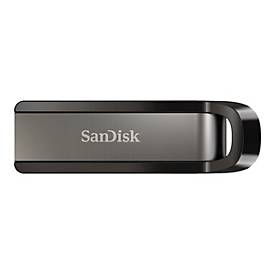 SanDisk Extreme GO USB 3.2 Flash Drive in sleek black with a metallic finish, featuring a loop for easy attachment and a capacity of 256GB for high-speed data transfer.