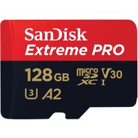 SanDisk Extreme PRO 128GB MicroSDXC card, black with red and gold text, UHS-I, Class 10, V30, A2 rating.