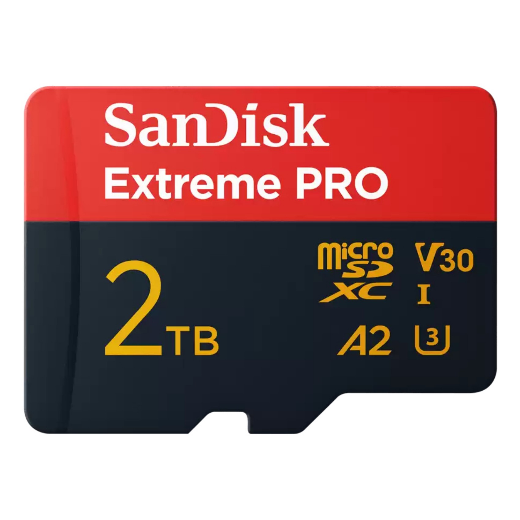 SanDisk Extreme PRO MicroSDXC card in black and red, featuring a 2TB capacity, UHS-I U3 V30 rating, and includes an adapter for versatile use.
