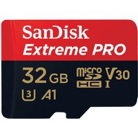 SanDisk Extreme Pro 32GB MicroSDHC card, black with red top, gold text, UHS-I, Class 10, V30, A1 markings.